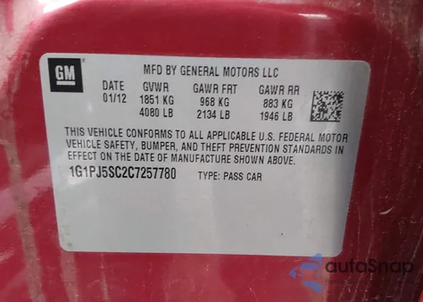 2012 Chevrolet Cruze Eco z USA, uszkodzony, nr VIN 1G1PJ5SC2C7257780